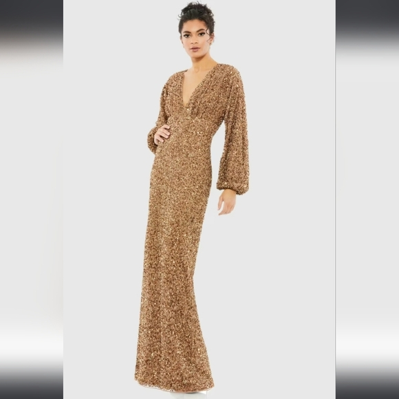 NWT! Mac Duggal, Sequined Puff Sleeve V Neck Gown, Bronze, Size 24, MSRP $498 - Picture 1 of 10